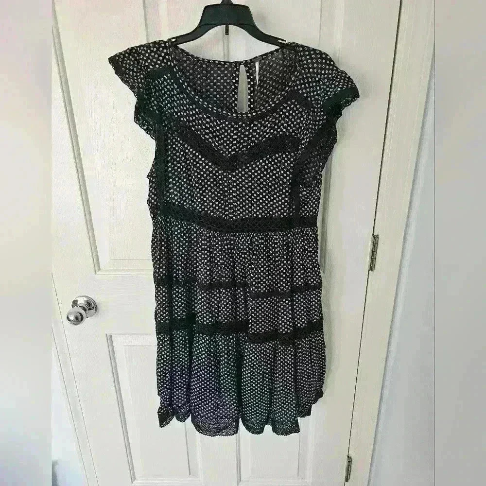 Free People Mini Dress Womens Black White Floral Lace Cap Sleeve Prairie Size XS
